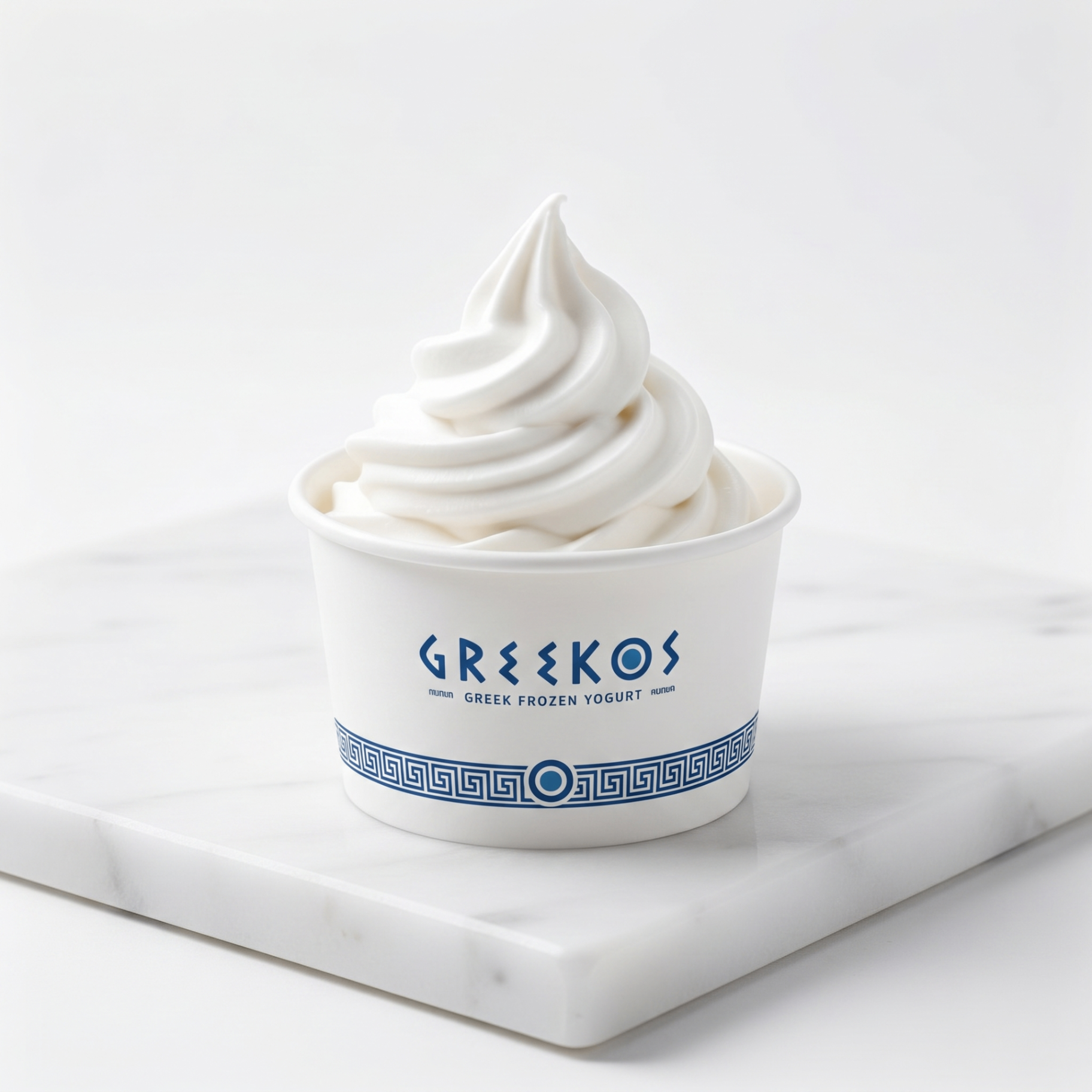 Bowl de frozen yogurt griego sobre mármol blanco