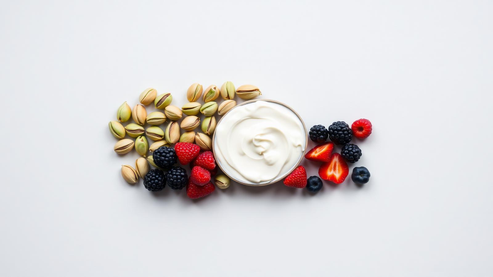 Ingredientes crudos: pistachos, yogur y frutos rojos