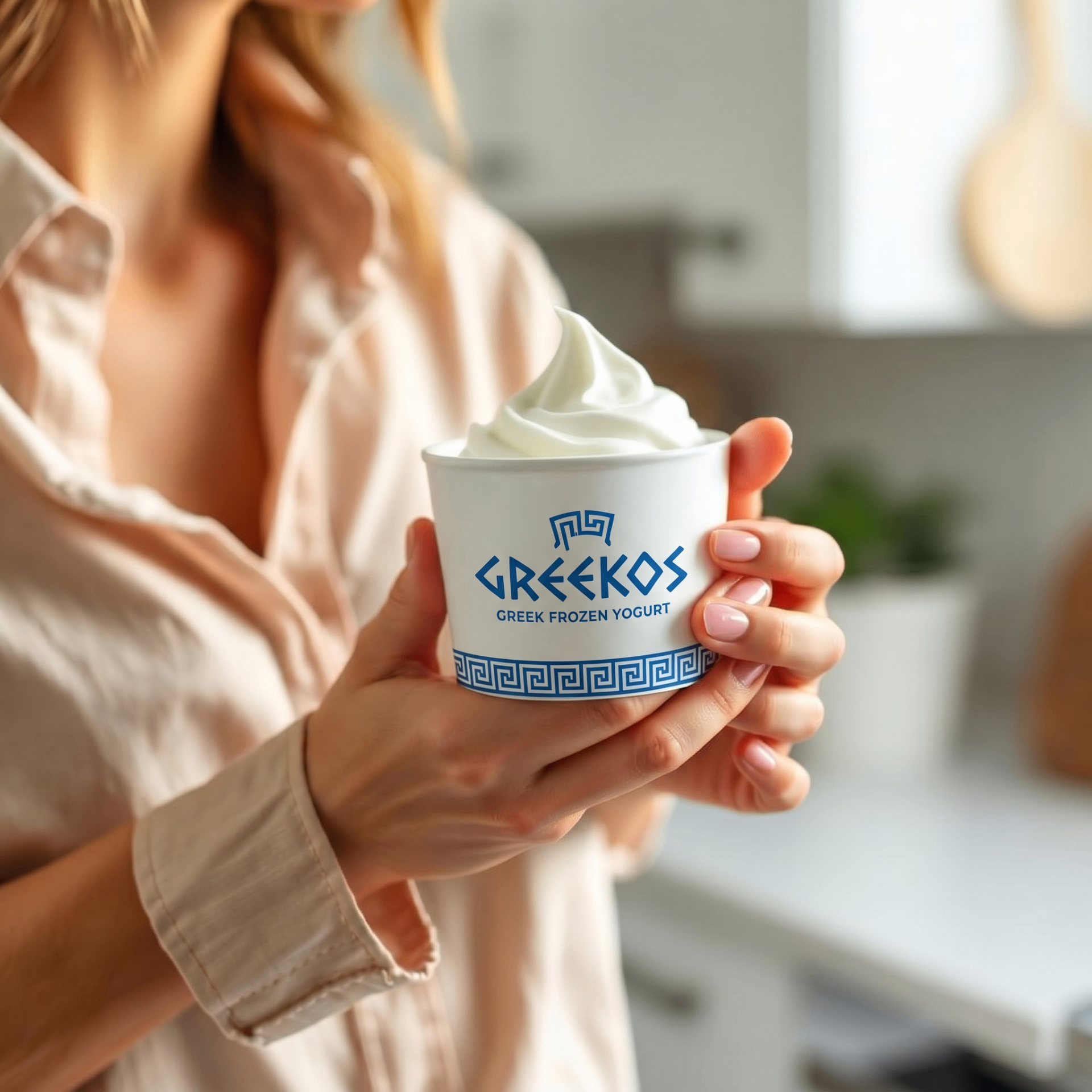 Manos sosteniendo un envase de frozen yogurt griego